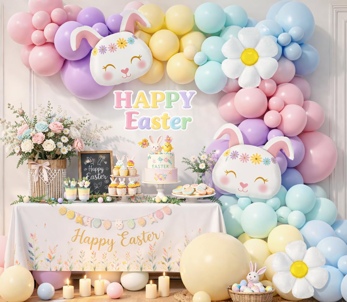 Beaumode 158-Piece Pastel Easter Balloon Arch Garland Kit – Bunny & Daisy Accents for Spring Parties