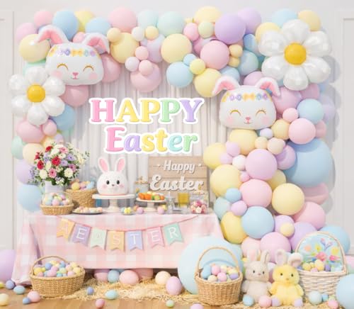 Beaumode 158-Piece Pastel Easter Balloon Arch Garland Kit – Bunny & Daisy Accents for Spring Parties