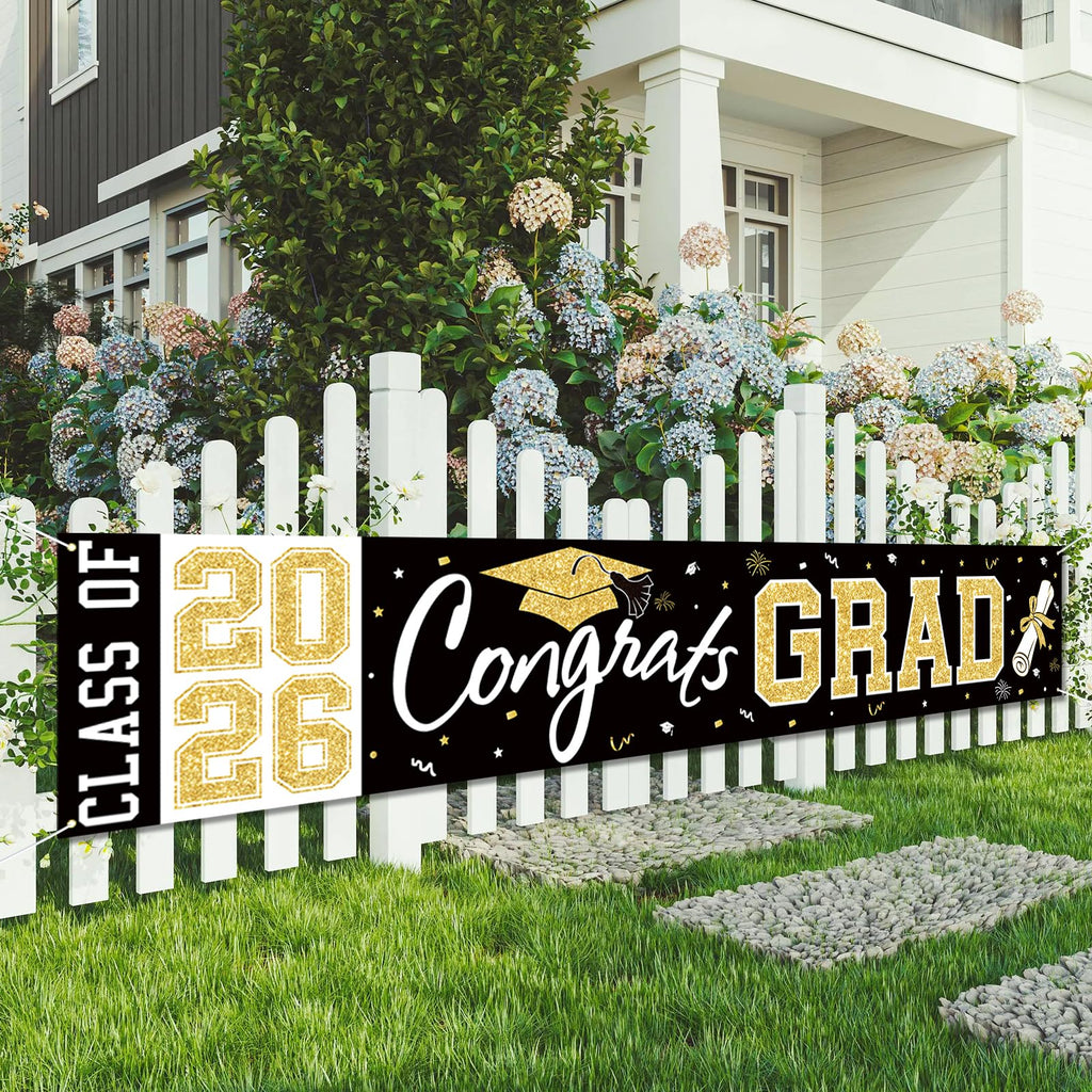BeauParty Graduation Banner Class of 2026 - Large 19.7x118.1in Black Gold Congrats Grad Yard Sign for Party Decorations