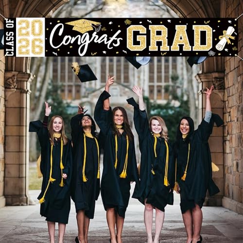 BeauParty Graduation Banner Class of 2026 - Large 19.7x118.1in Black Gold Congrats Grad Yard Sign for Party Decorations