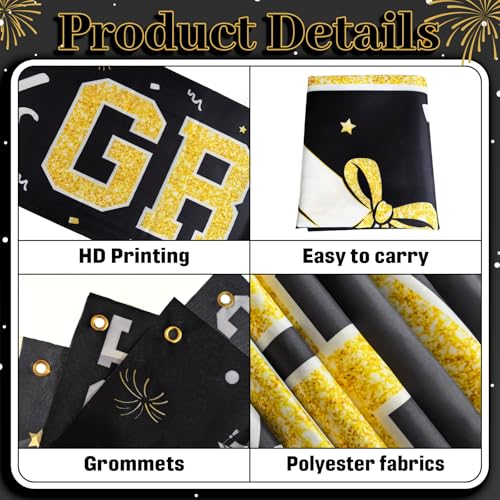 BeauParty Graduation Banner Class of 2026 - Large 19.7x118.1in Black Gold Congrats Grad Yard Sign for Party Decorations