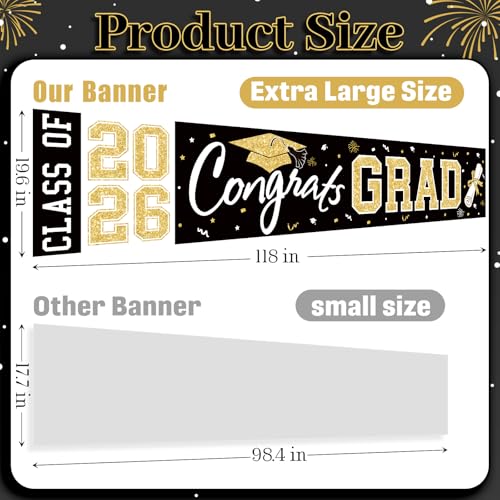 BeauParty Graduation Banner Class of 2026 - Large 19.7x118.1in Black Gold Congrats Grad Yard Sign for Party Decorations