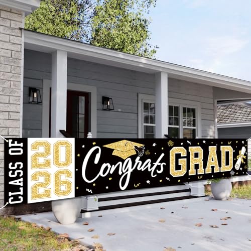 BeauParty Graduation Banner Class of 2026 - Large 19.7x118.1in Black Gold Congrats Grad Yard Sign for Party Decorations