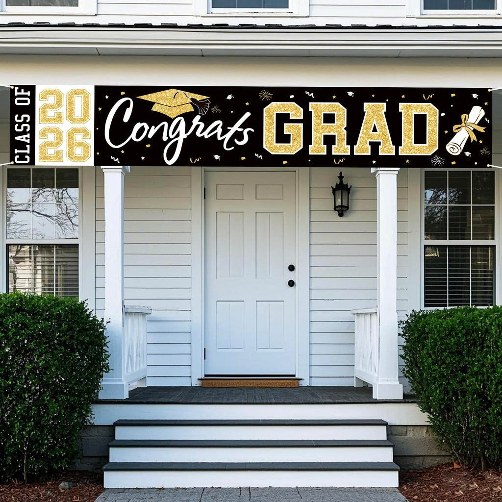 BeauParty Graduation Banner Class of 2026 - Large 19.7x118.1in Black Gold Congrats Grad Yard Sign for Party Decorations