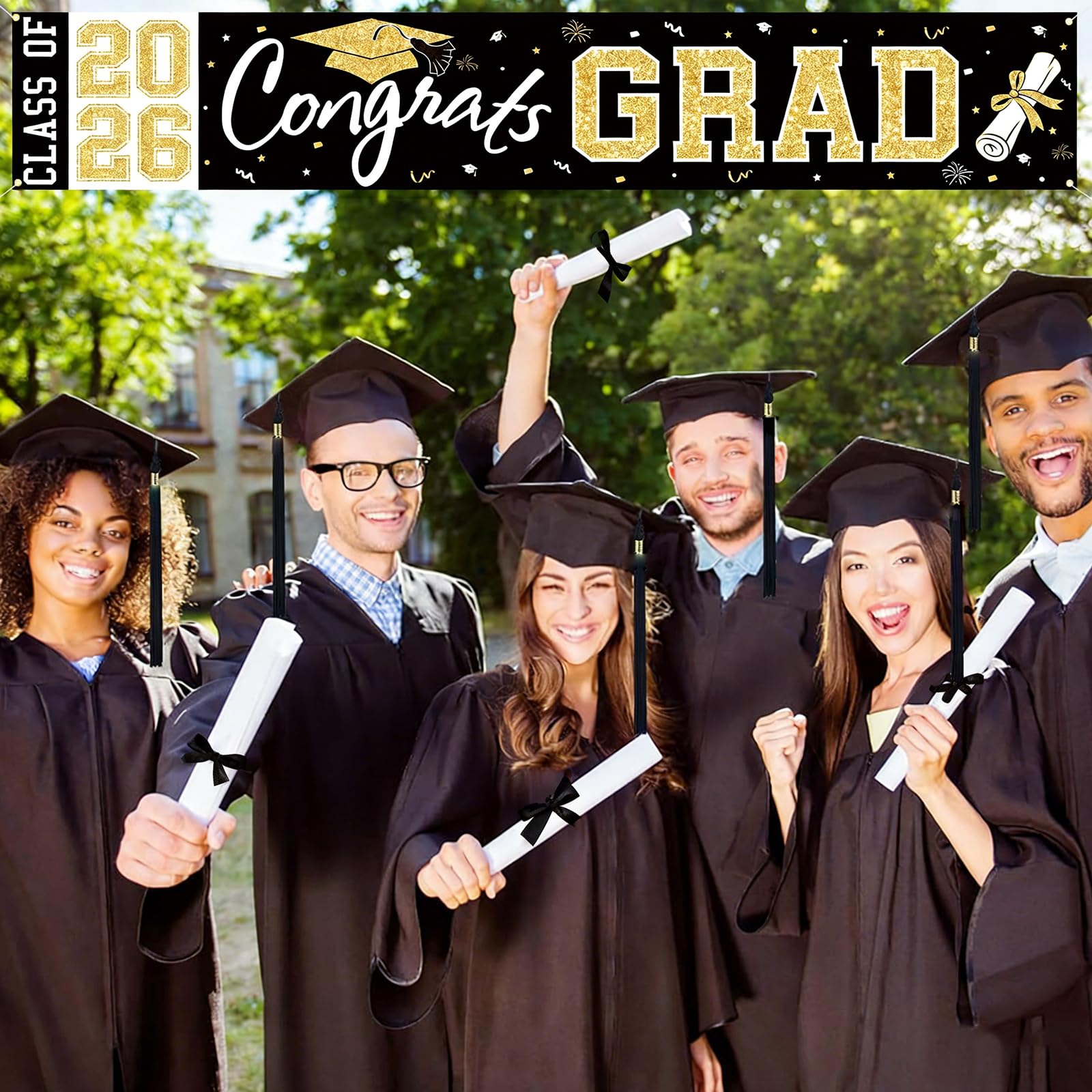 BeauParty Graduation Banner Class of 2026 - Large 19.7x118.1in Black Gold Congrats Grad Yard Sign for Party Decorations