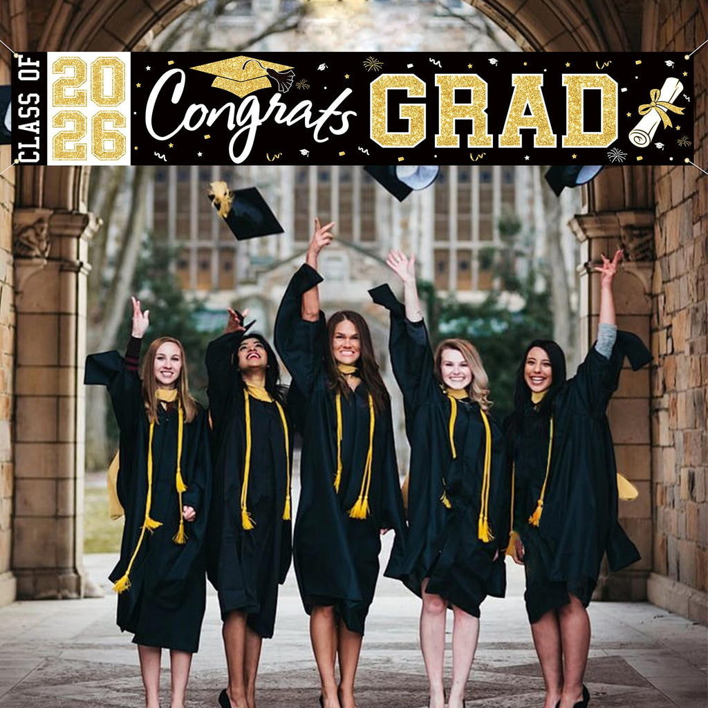 BeauParty Graduation Banner Class of 2026 - Large 19.7x118.1in Black Gold Congrats Grad Yard Sign for Party Decorations