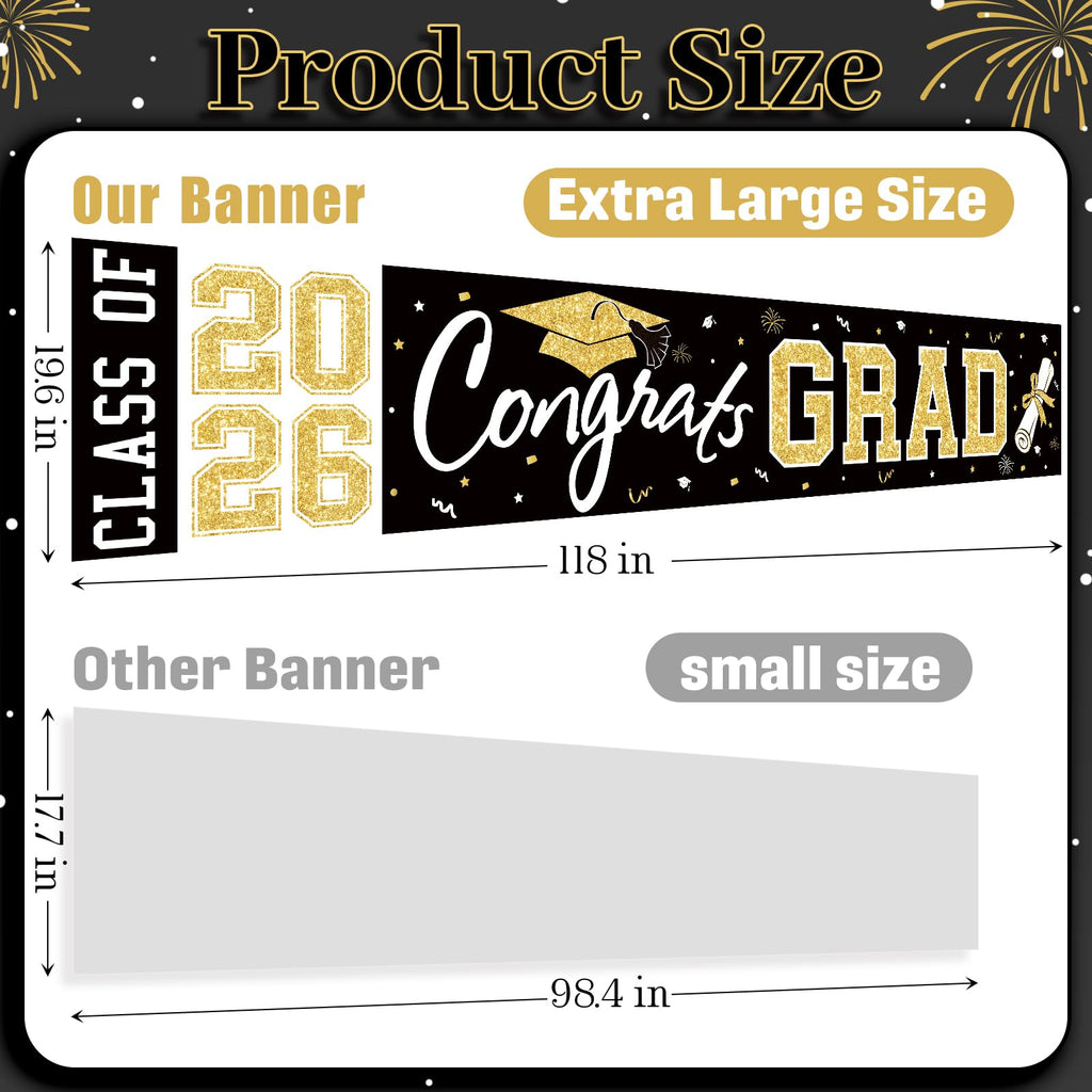 BeauParty Graduation Banner Class of 2026 - Large 19.7x118.1in Black Gold Congrats Grad Yard Sign for Party Decorations