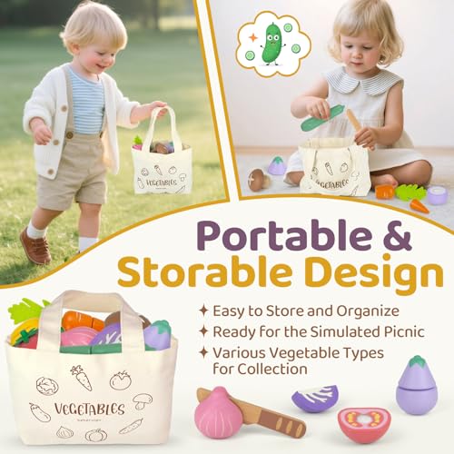 Beberolen Wooden Play Food Set for Kids Kitchen - 8 Vegetables with Knife and Storage Bag, Cutting Pretend Play Toys for Toddlers 1-3 Year Old