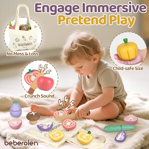 Beberolen Wooden Play Food Set for Kids Kitchen - 8 Vegetables with Knife and Storage Bag, Cutting Pretend Play Toys for Toddlers 1-3 Year Old
