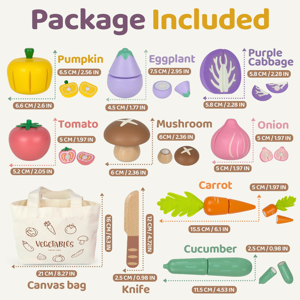 Beberolen Wooden Play Food Set for Kids Kitchen - 8 Vegetables with Knife and Storage Bag, Cutting Pretend Play Toys for Toddlers 1-3 Year Old