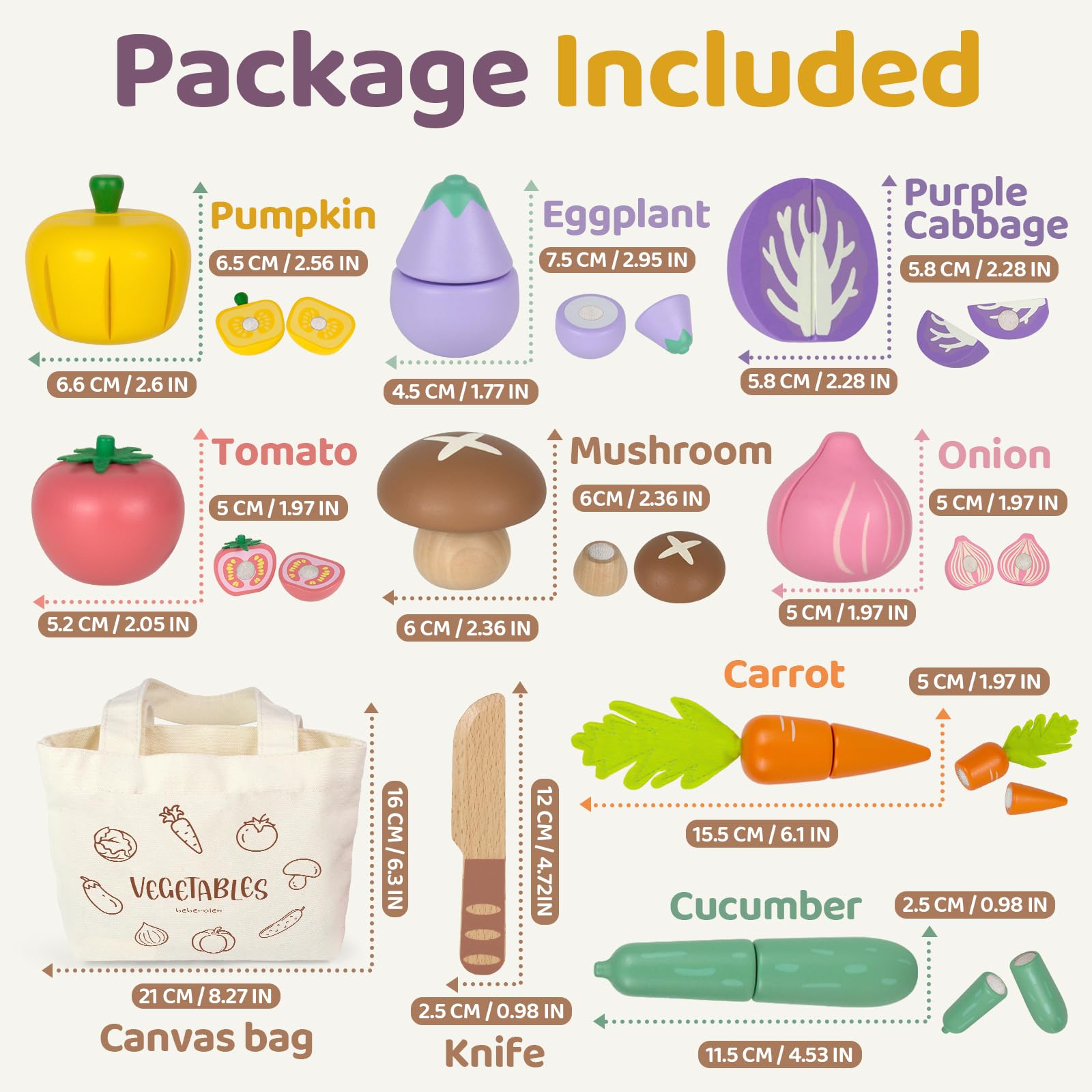 Beberolen Wooden Play Food Set for Kids Kitchen - 8 Vegetables with Knife and Storage Bag, Cutting Pretend Play Toys for Toddlers 1-3 Year Old