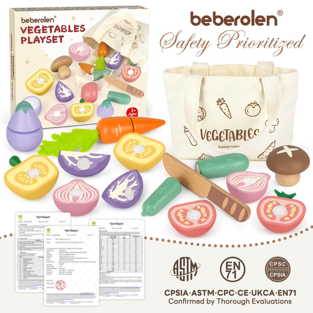 Beberolen Wooden Play Food Set for Kids Kitchen - 8 Vegetables with Knife and Storage Bag, Cutting Pretend Play Toys for Toddlers 1-3 Year Old