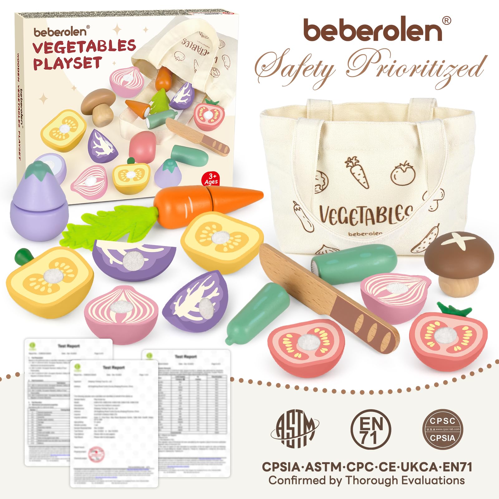 Beberolen Wooden Play Food Set for Kids Kitchen - 8 Vegetables with Knife and Storage Bag, Cutting Pretend Play Toys for Toddlers 1-3 Year Old