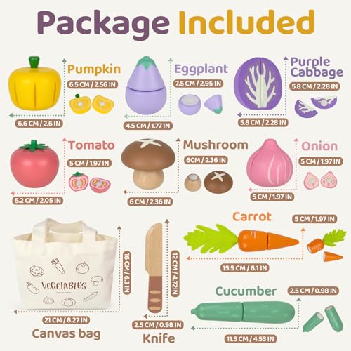 Beberolen Wooden Play Food Set for Kids Kitchen - 8 Vegetables with Knife and Storage Bag, Cutting Pretend Play Toys for Toddlers 1-3 Year Old