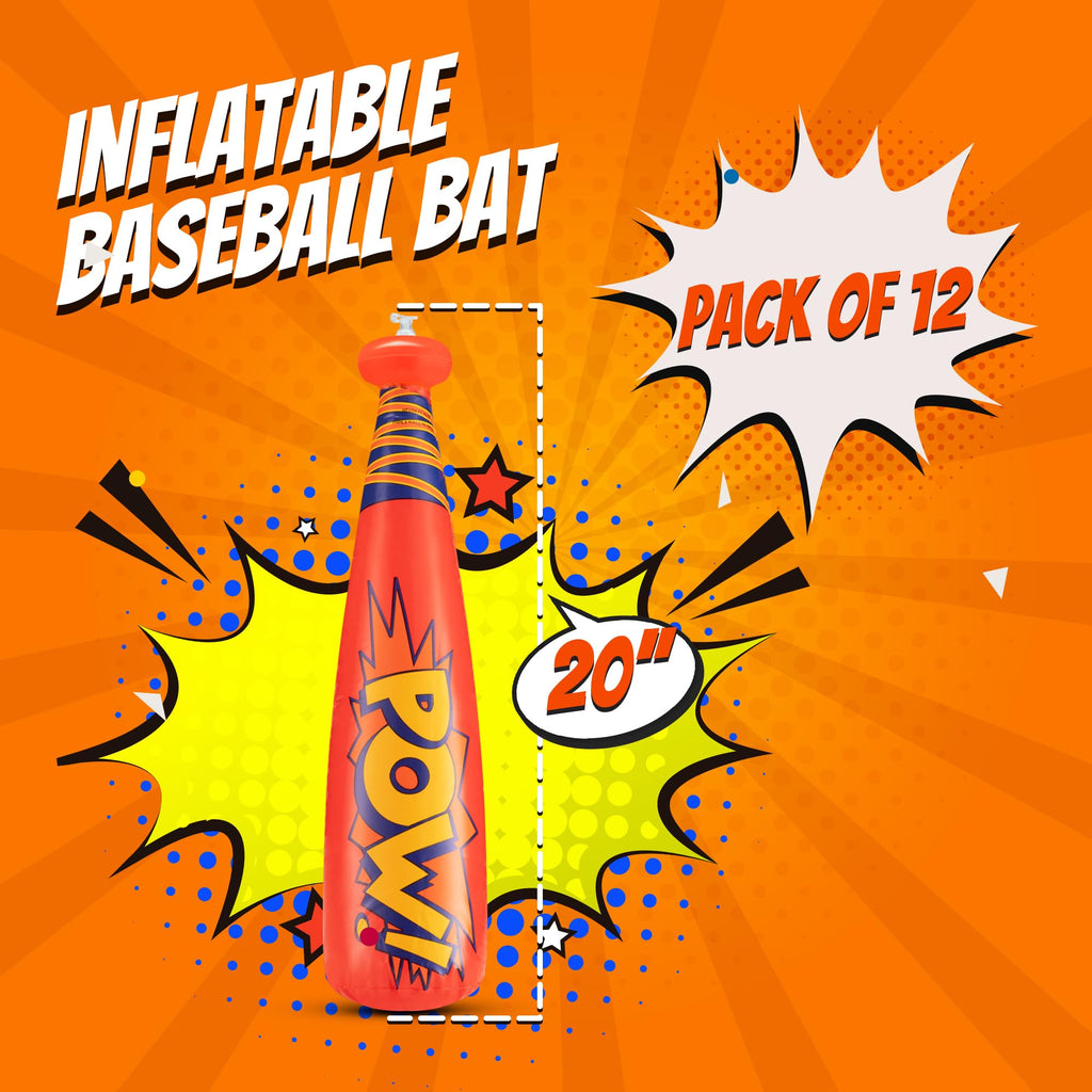Bedwina 12-Pack 20-Inch Inflatable Baseball Bats - Colorful Vinyl Bats with 'Pow' - Carnival Prizes and Party Favors