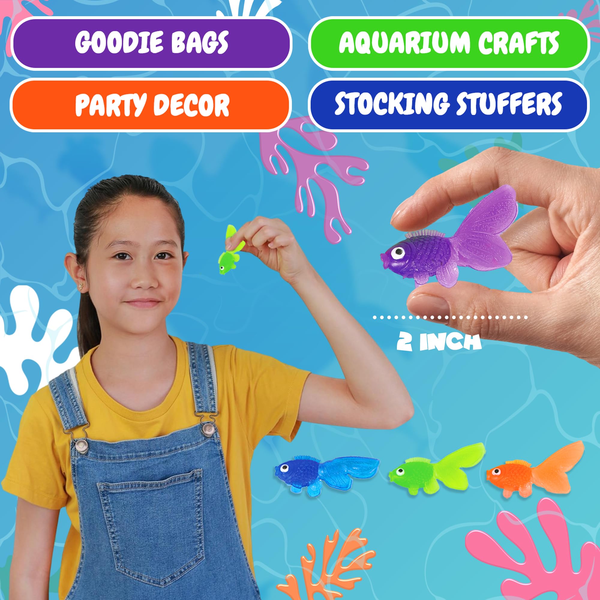 Bedwina 144-Pack Plastic Vinyl Goldfish Toys - 2 Inch Assorted Neon Colors for Party Favors, Crafts, and Games