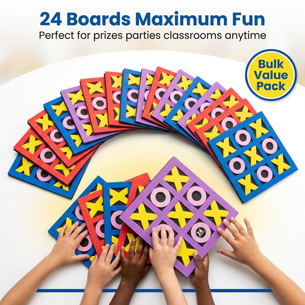 Bedwina 24-Pack Foam Tic Tac Toe Mini Games - Bulk Party Favors for Kids, 5x5 Boards, Travel-Friendly