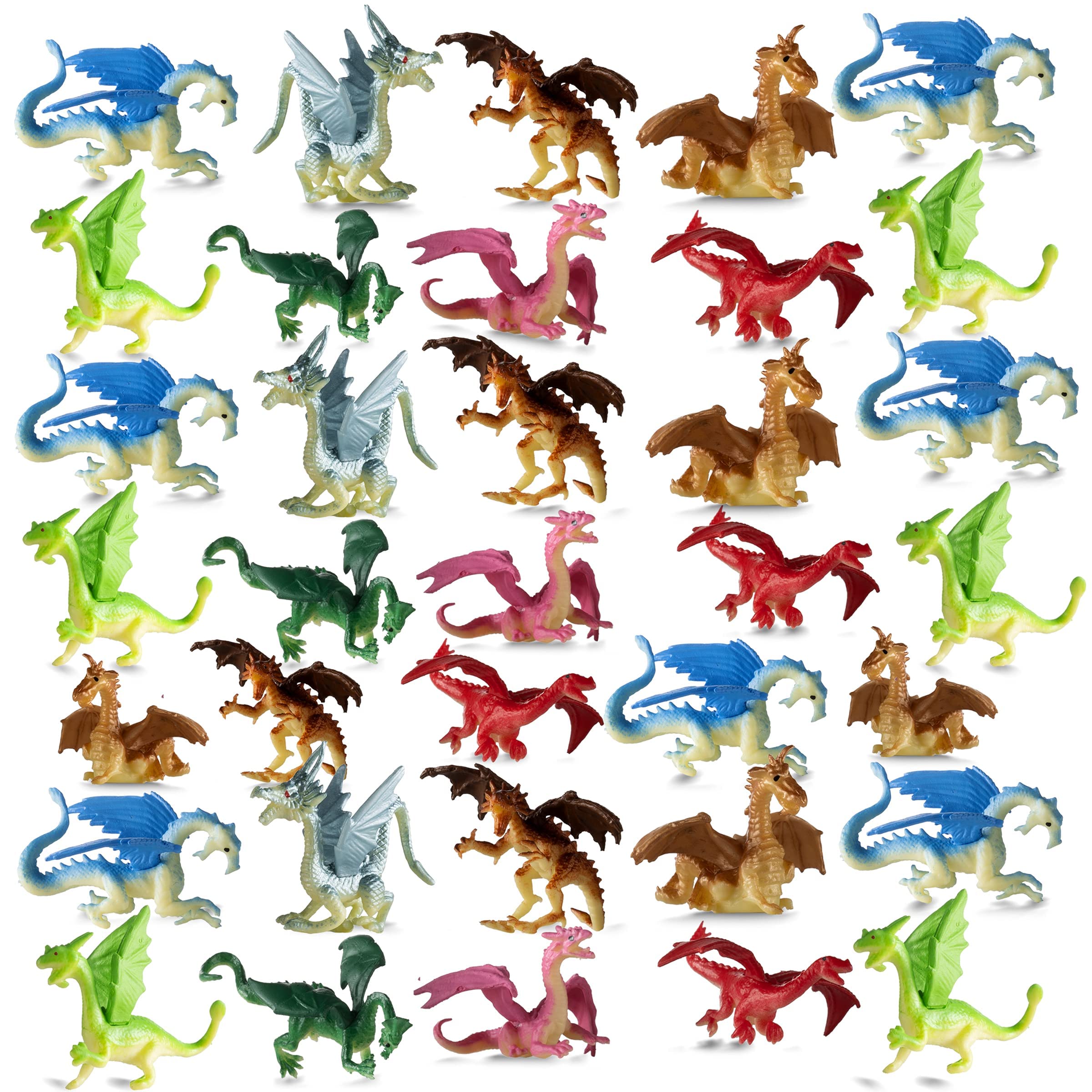Bedwina 36-Pack Mini Dragon Toys – 2 Inch Assorted Rubber Plastic Figurines for Party Favors, Cupcake Toppers, and Creative Play