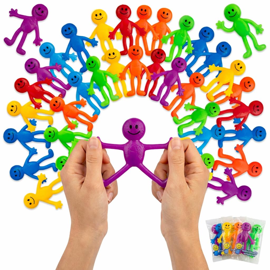 Bedwina 36-Pack Stretchy Bendable Smiley Men – Fidget Toys for Stress Relief, Party Favors, Stocking Stuffers – Assorted Bright Colors
