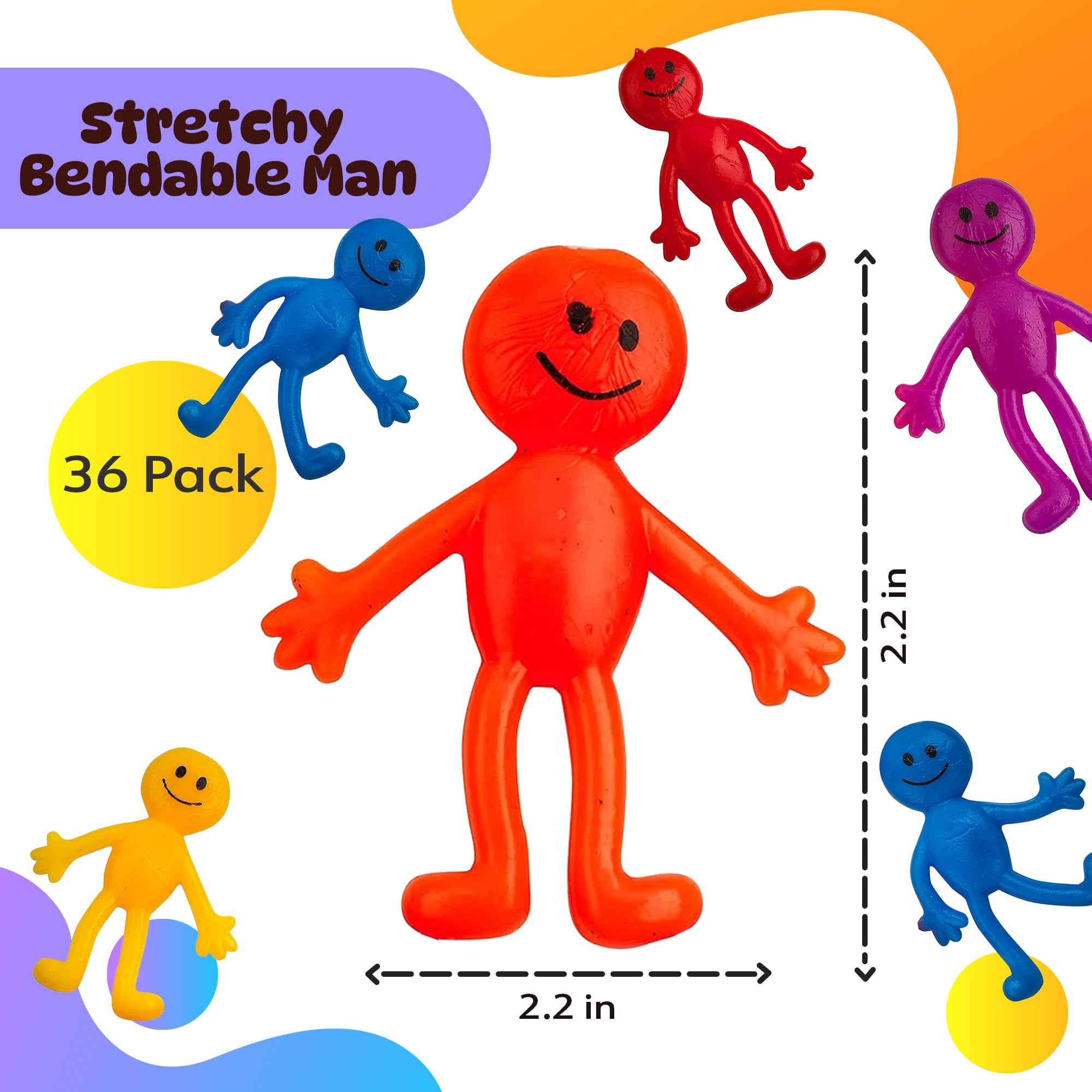 Bedwina 36-Pack Stretchy Bendable Smiley Men – Fidget Toys for Stress Relief, Party Favors, Stocking Stuffers – Assorted Bright Colors