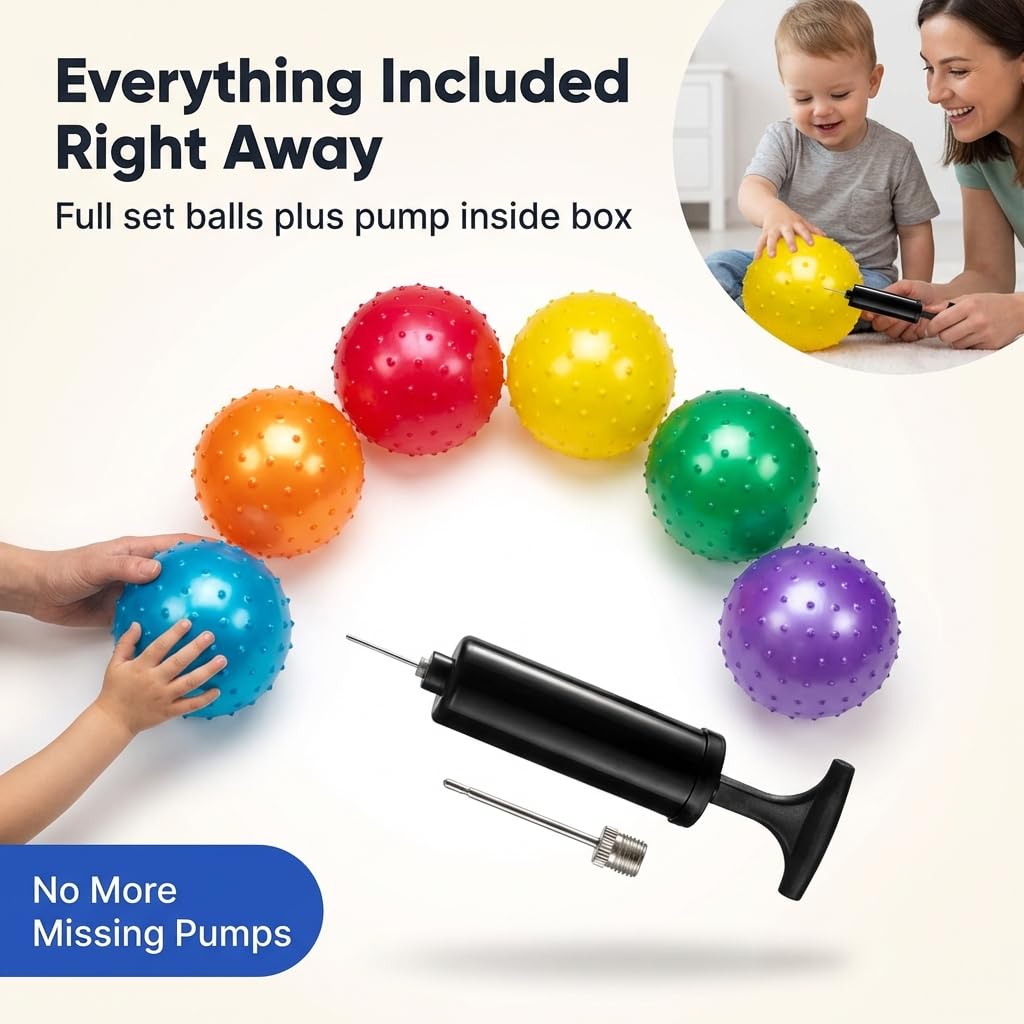 Bedwina 7-Inch Knobby Sensory Balls 6-Pack – Inflatable Spiky Massage Balls with Hand Pump, Assorted Colors for Toddlers and Kids