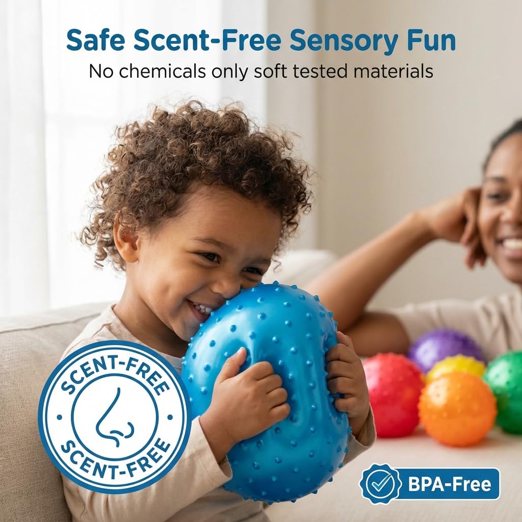 Bedwina 7-Inch Knobby Sensory Balls 6-Pack – Inflatable Spiky Massage Balls with Hand Pump, Assorted Colors for Toddlers and Kids