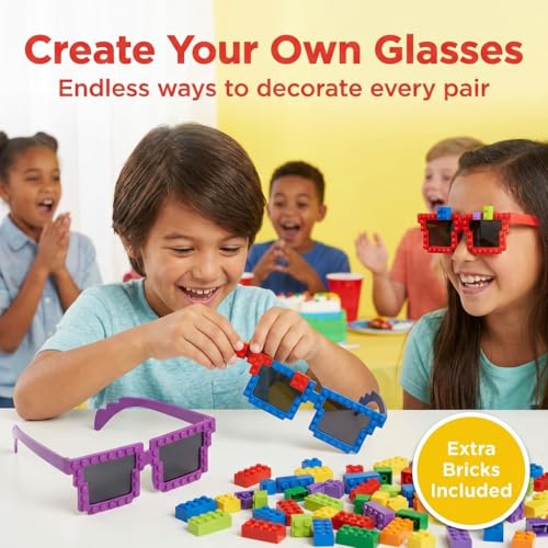 Bedwina Block Building Glasses – 6 Neon Sunglasses with Extra Bricks for DIY Party Favors