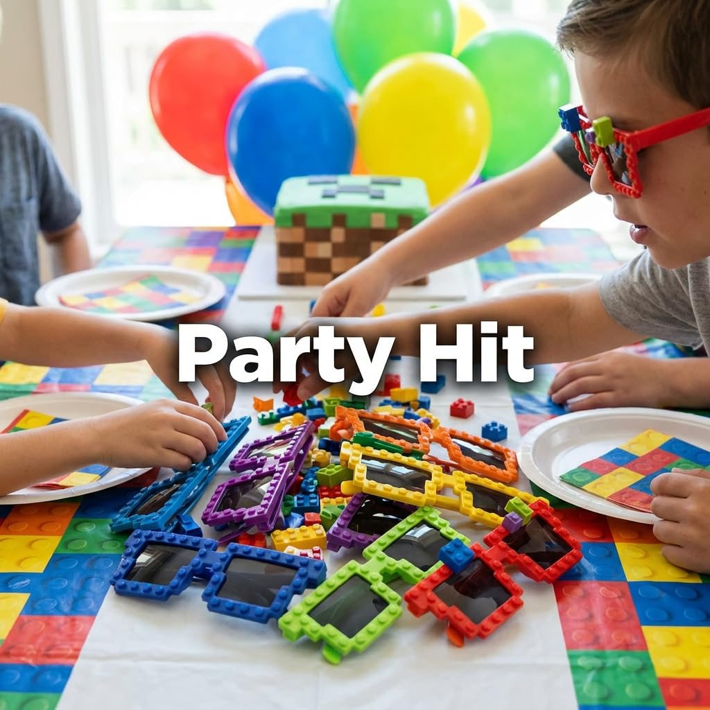 Bedwina Block Building Glasses – 6 Neon Sunglasses with Extra Bricks for DIY Party Favors
