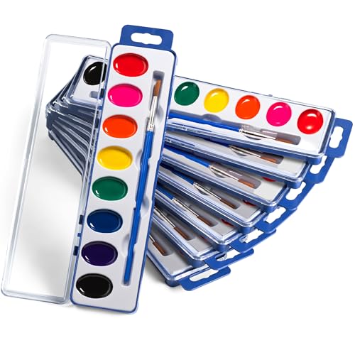 Bedwina Bulk Pack of 12 Watercolor Paint Sets for Kids - 8 Washable Colors with Palette and Brush