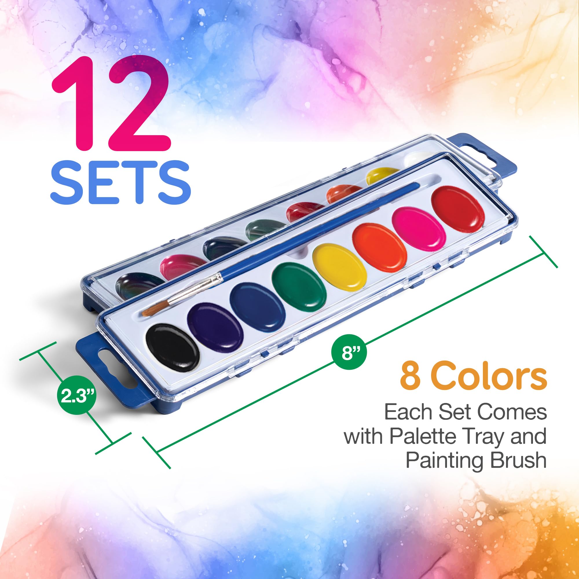 Bedwina Bulk Pack of 12 Watercolor Paint Sets for Kids - 8 Washable Colors with Palette and Brush