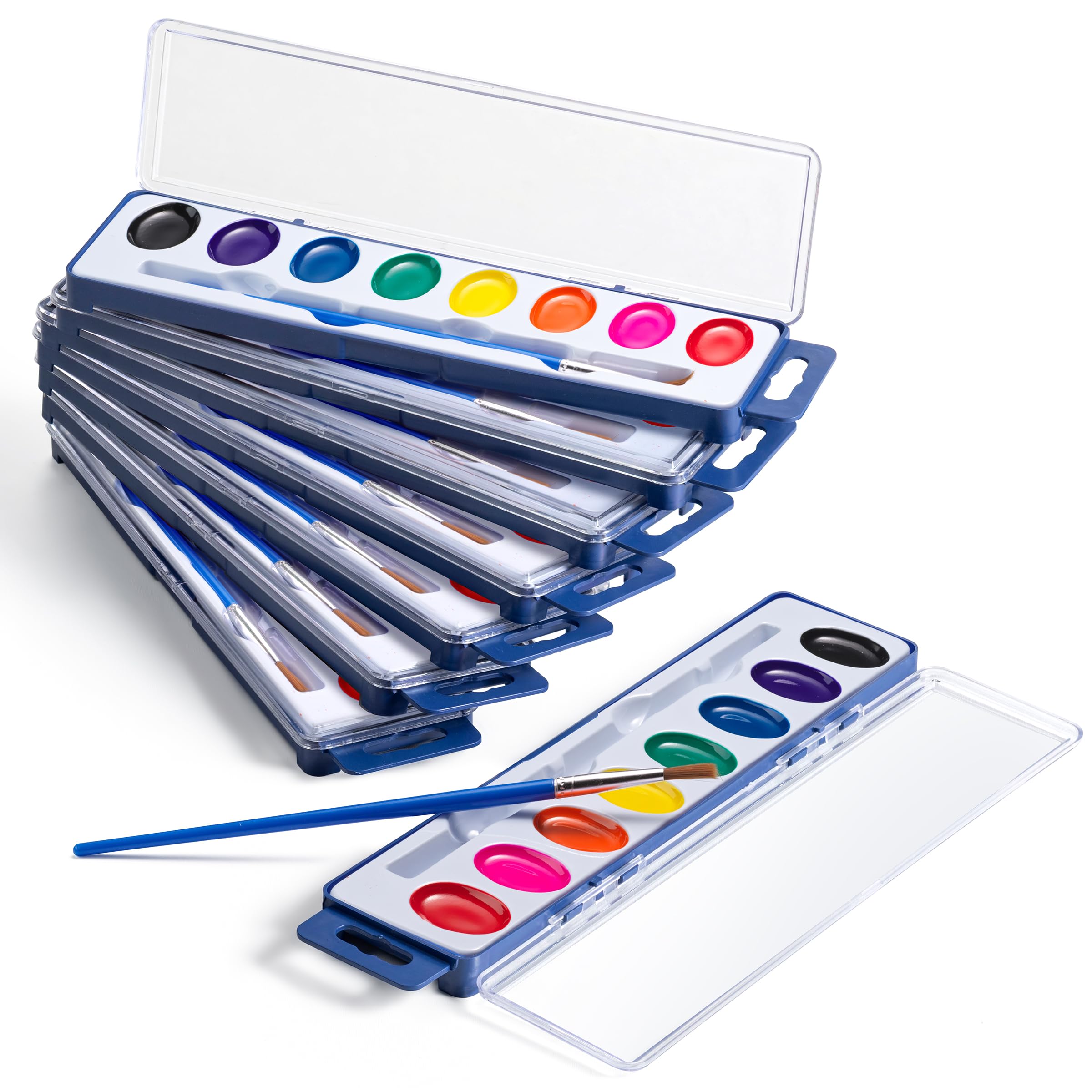 Bedwina Bulk Pack of 12 Watercolor Paint Sets for Kids - 8 Washable Colors with Palette and Brush