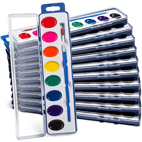 Bedwina Bulk Pack of 12 Watercolor Paint Sets for Kids - 8 Washable Colors with Palette and Brush