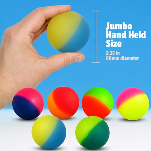 Bedwina Jumbo Super Bouncy Balls - 2.35 Inch (60mm) Pack of 6 - Bright Neon Colors for Party Favors & Carnival Prizes