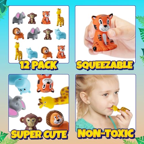 Bedwina Mini Zoo Animals Bath Toys - Pack of 12 Vinyl Jungle Safari Figures for Tub, Pool, Cakes, and Party Favors