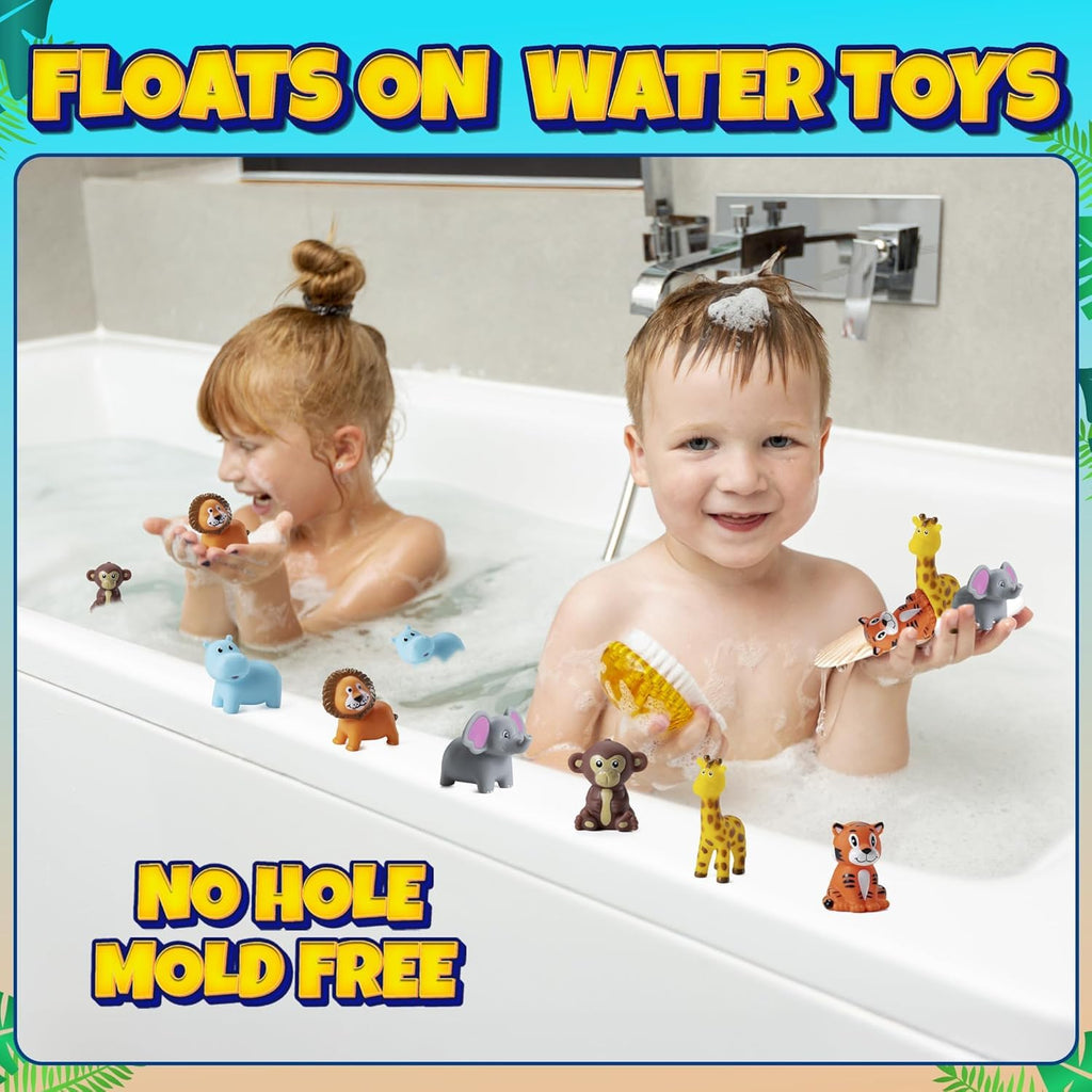 Bedwina Mini Zoo Animals Bath Toys - Pack of 12 Vinyl Jungle Safari Figures for Tub, Pool, Cakes, and Party Favors