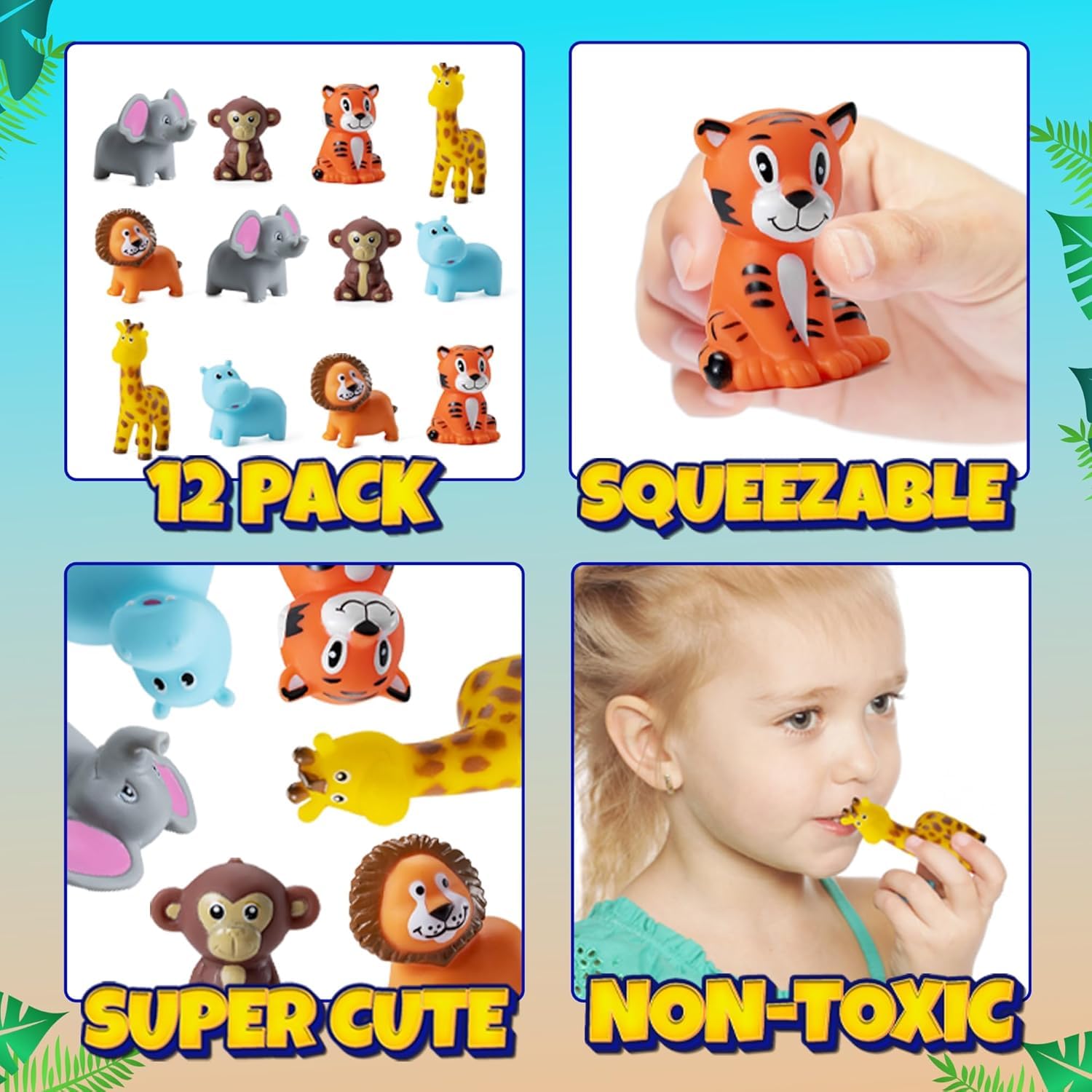 Bedwina Mini Zoo Animals Bath Toys - Pack of 12 Vinyl Jungle Safari Figures for Tub, Pool, Cakes, and Party Favors