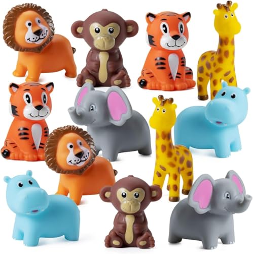 Bedwina Mini Zoo Animals Bath Toys - Pack of 12 Vinyl Jungle Safari Figures for Tub, Pool, Cakes, and Party Favors