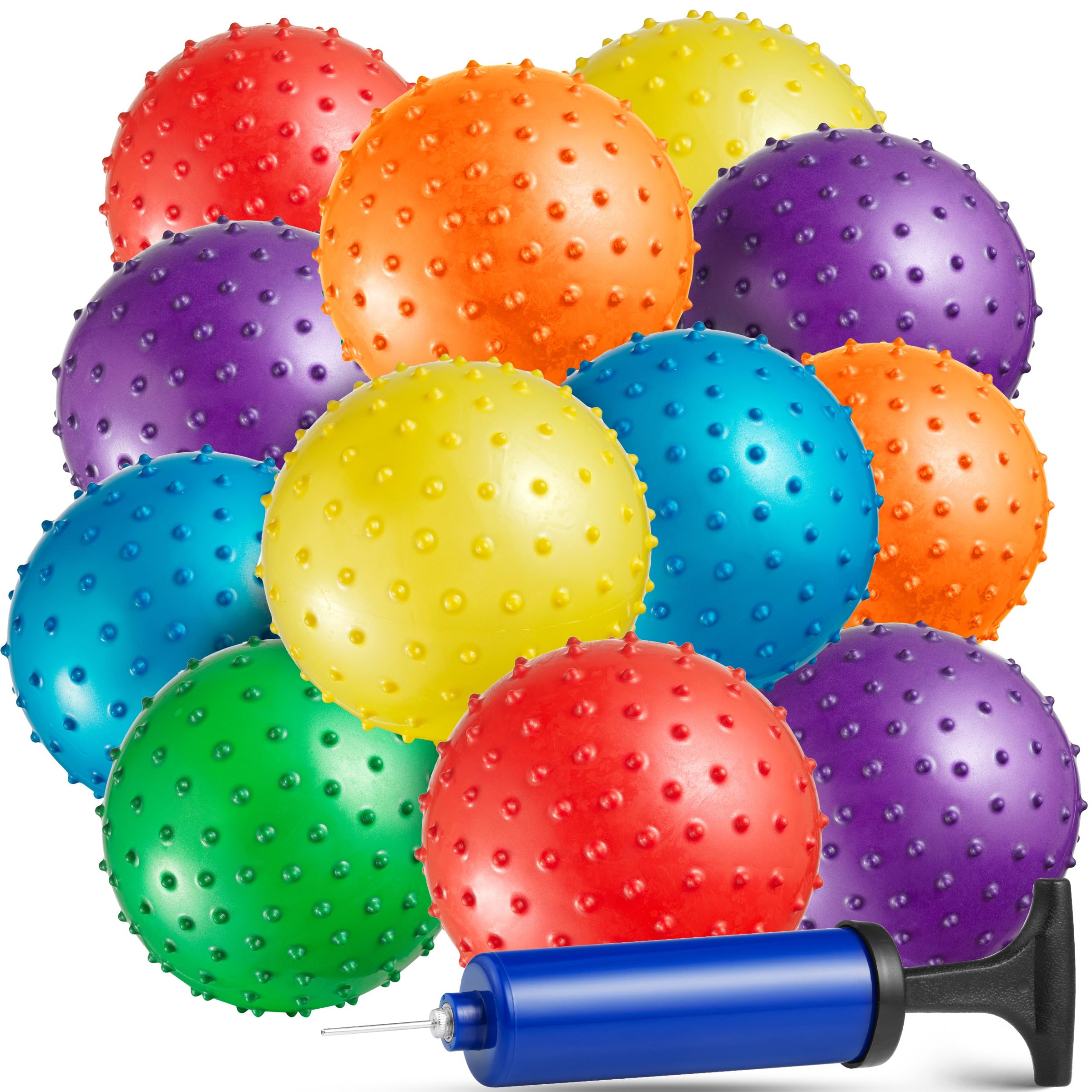 Bedwina Pack of 12 Mini Knobby Sensory Balls - 5 Inch Spiky Bouncy Balls with Hand Pump, Assorted Colors