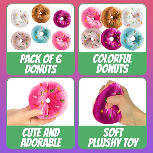 Bedwina Plush Donut Toys (Pack of 6) – Soft Stuffed Donuts with Stitched Sprinkles for Party Favors and Classroom Prizes
