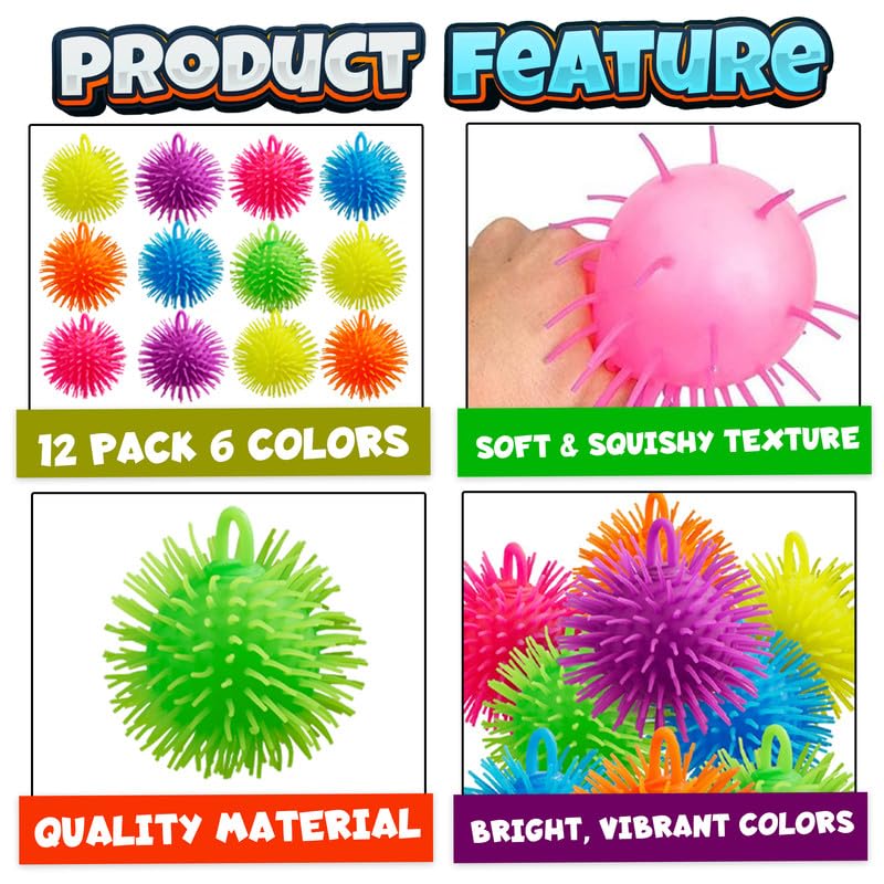 Bedwina Puffer Balls Pack of 6 - Neon Squishy Stress Relief Fidget Toys for Kids and Adults, Sensory Party Favors