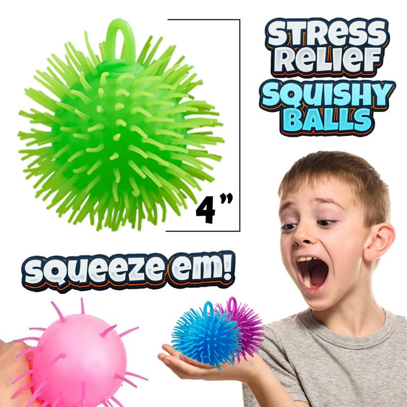 Bedwina Puffer Balls Pack of 6 - Neon Squishy Stress Relief Fidget Toys for Kids and Adults, Sensory Party Favors