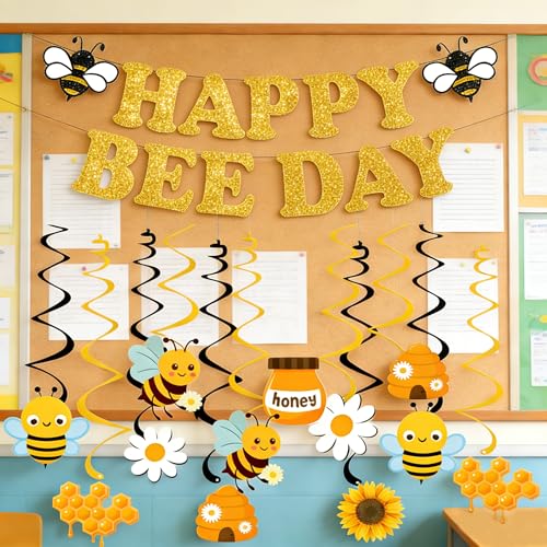 Bee Birthday Party Decorations – Glitter Happy Bee Day Banner with Hanging Swirls, Gold Cardstock, Pre-Strung, 14 Pieces