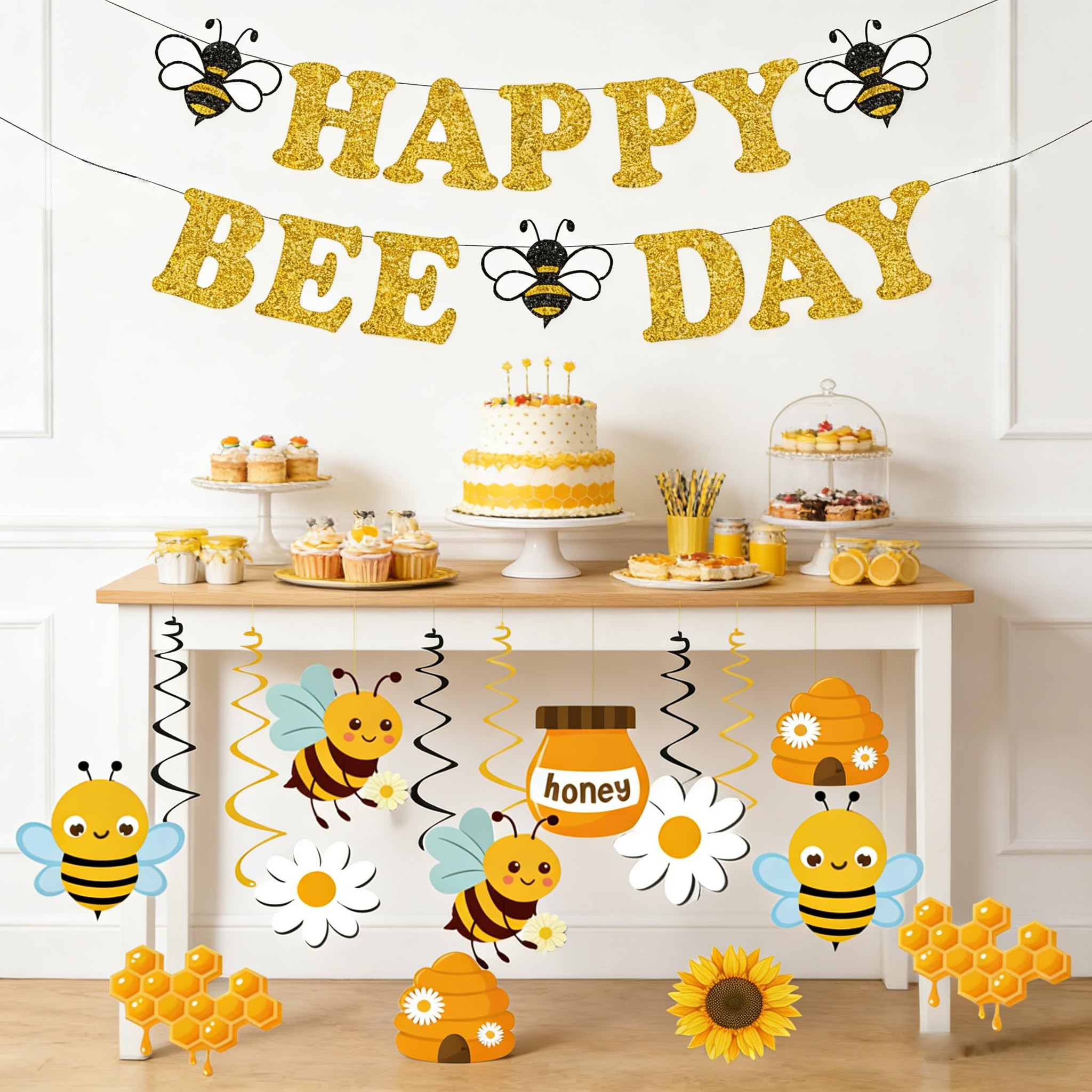 Bee Birthday Party Decorations – Glitter Happy Bee Day Banner with Hanging Swirls, Gold Cardstock, Pre-Strung, 14 Pieces