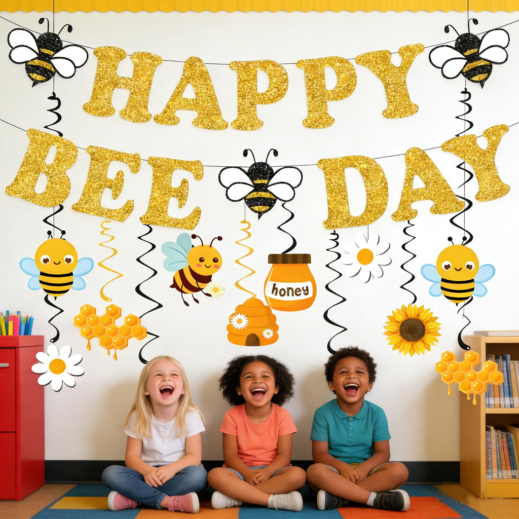Bee Birthday Party Decorations – Glitter Happy Bee Day Banner with Hanging Swirls, Gold Cardstock, Pre-Strung, 14 Pieces