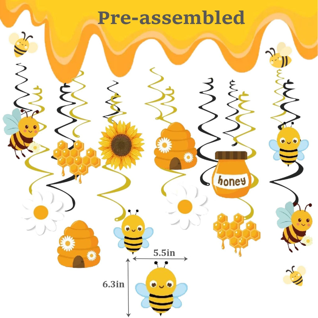 Bee Birthday Party Decorations – Glitter Happy Bee Day Banner with Hanging Swirls, Gold Cardstock, Pre-Strung, 14 Pieces