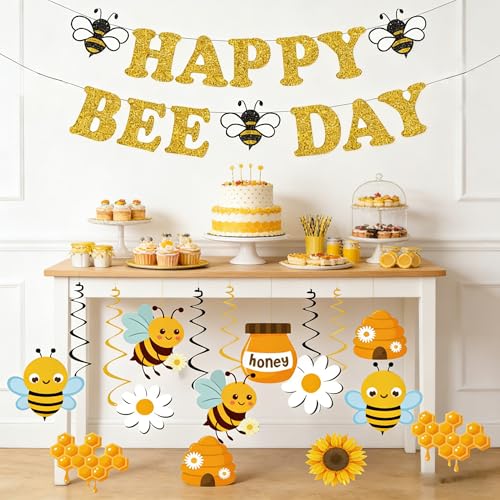 Bee Birthday Party Decorations – Glitter Happy Bee Day Banner with Hanging Swirls, Gold Cardstock, Pre-Strung, 14 Pieces