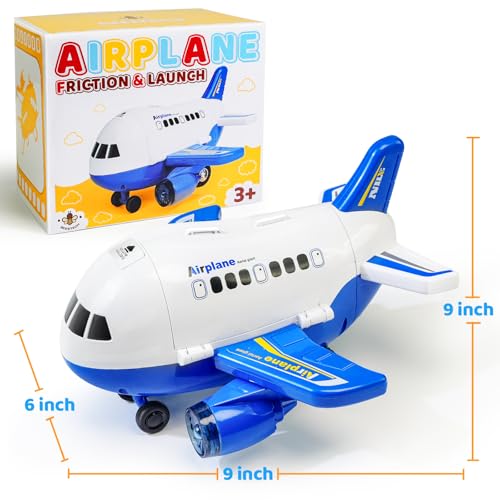Beestech Friction Powered Airplane Toy with Car Launcher and Runway – 9 Inch Blue Plane for Toddlers Ages 3-6