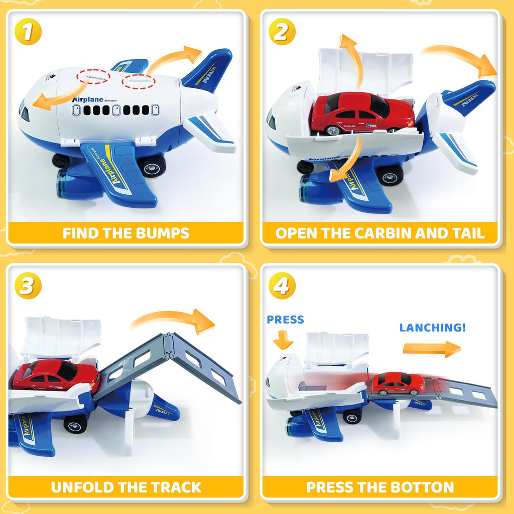 Beestech Friction Powered Airplane Toy with Car Launcher and Runway – 9 Inch Blue Plane for Toddlers Ages 3-6