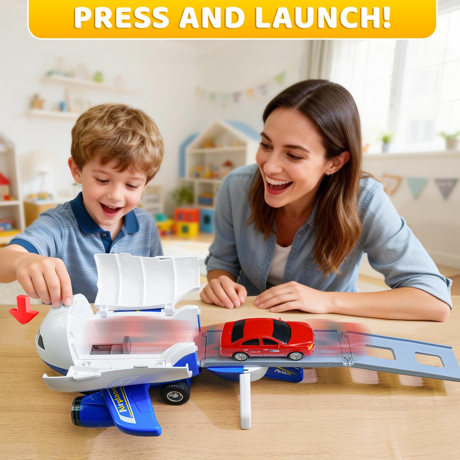 Beestech Friction Powered Airplane Toy with Car Launcher and Runway – 9 Inch Blue Plane for Toddlers Ages 3-6