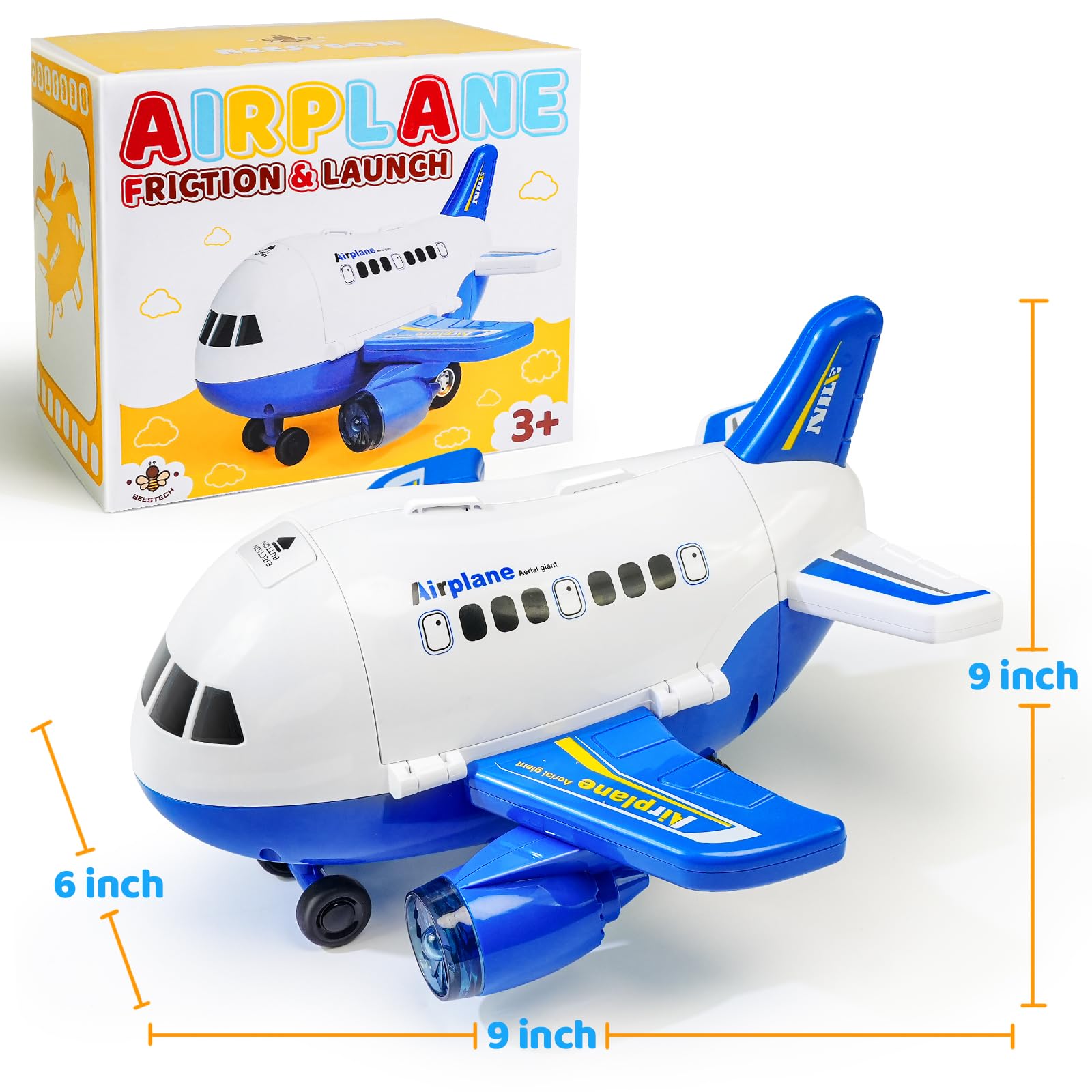 Beestech Friction Powered Airplane Toy with Car Launcher and Runway – 9 Inch Blue Plane for Toddlers Ages 3-6